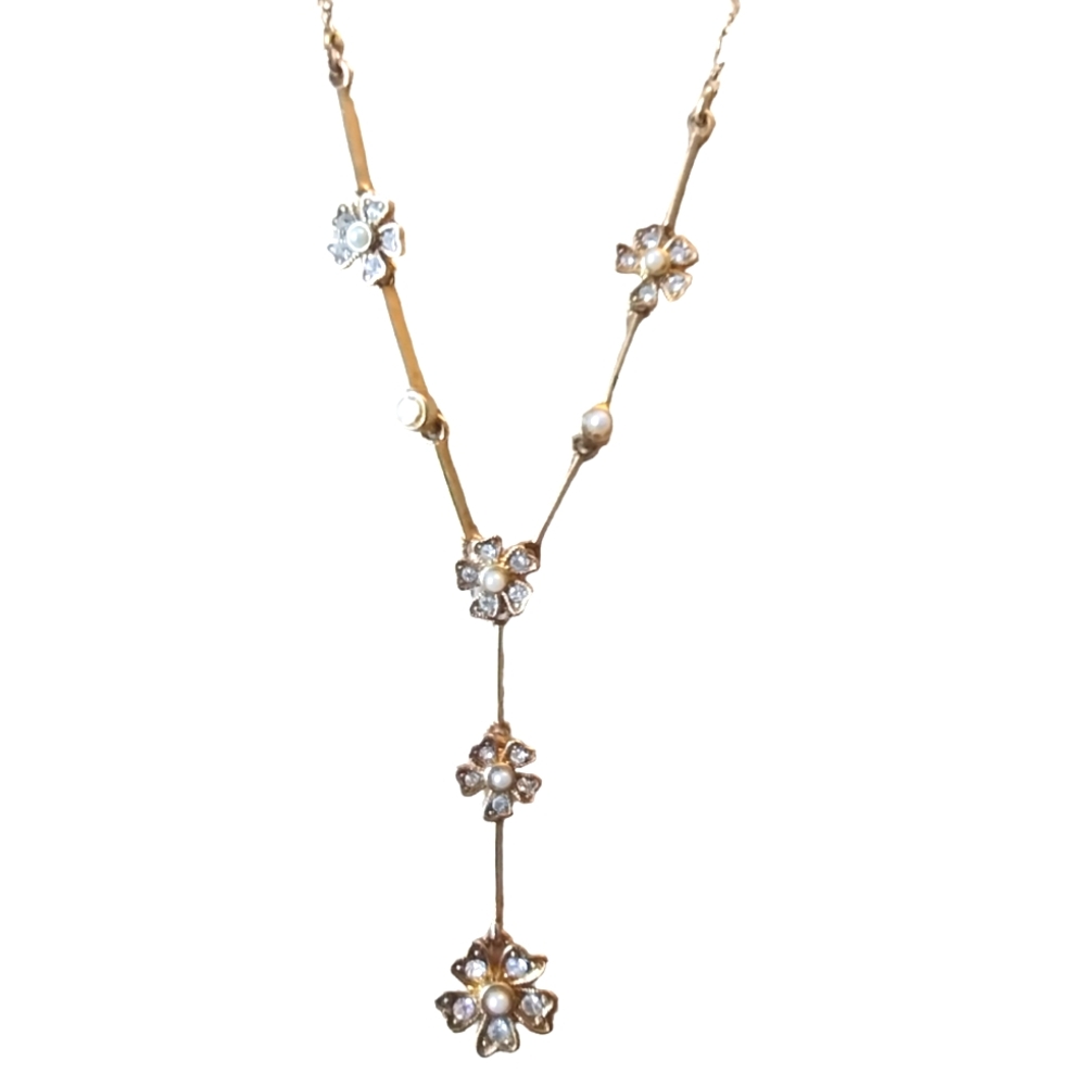 Necklace Y Gold Toned Floral Pearl Rhinestone